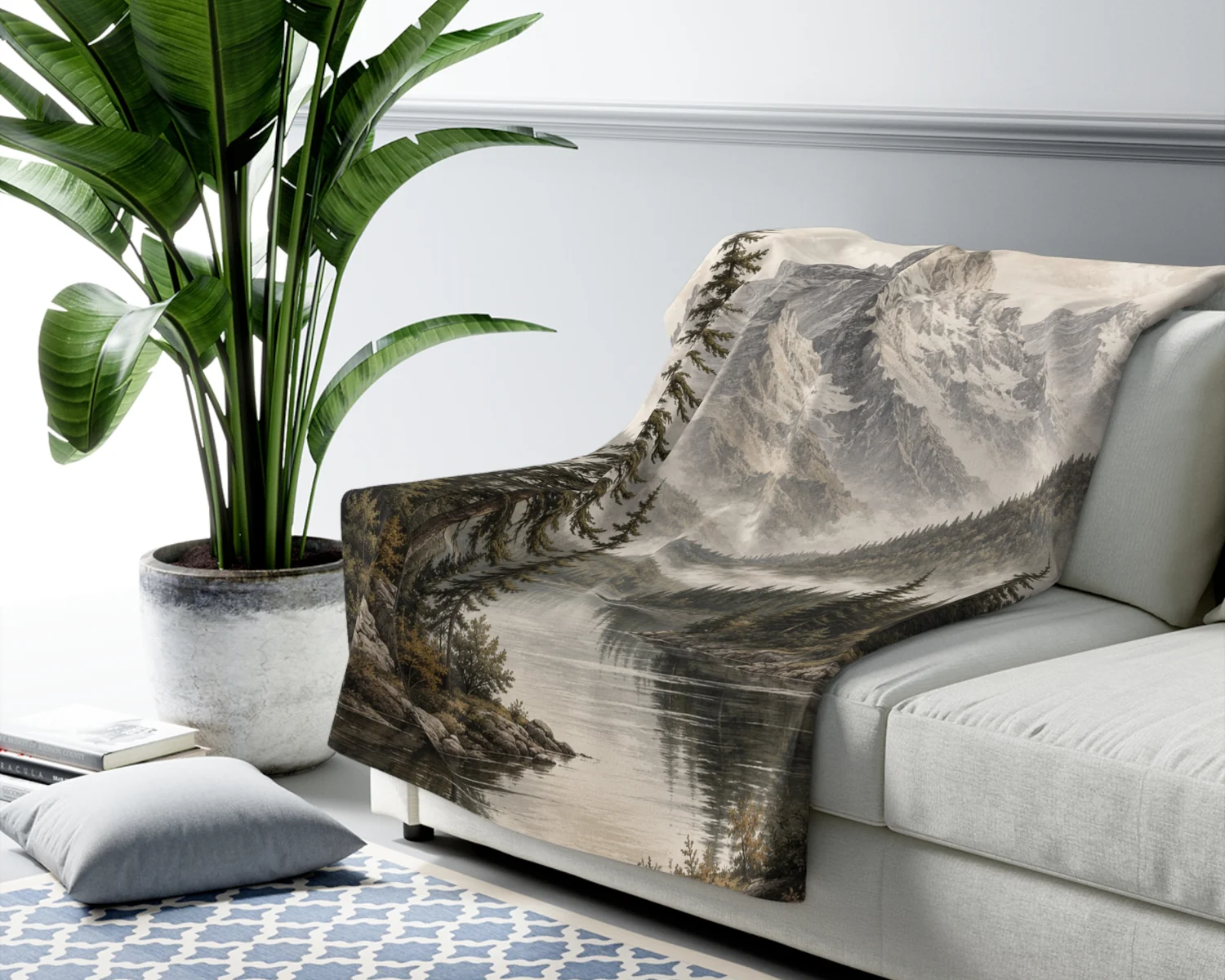 Mountain lake sherpa blanket on a sofa