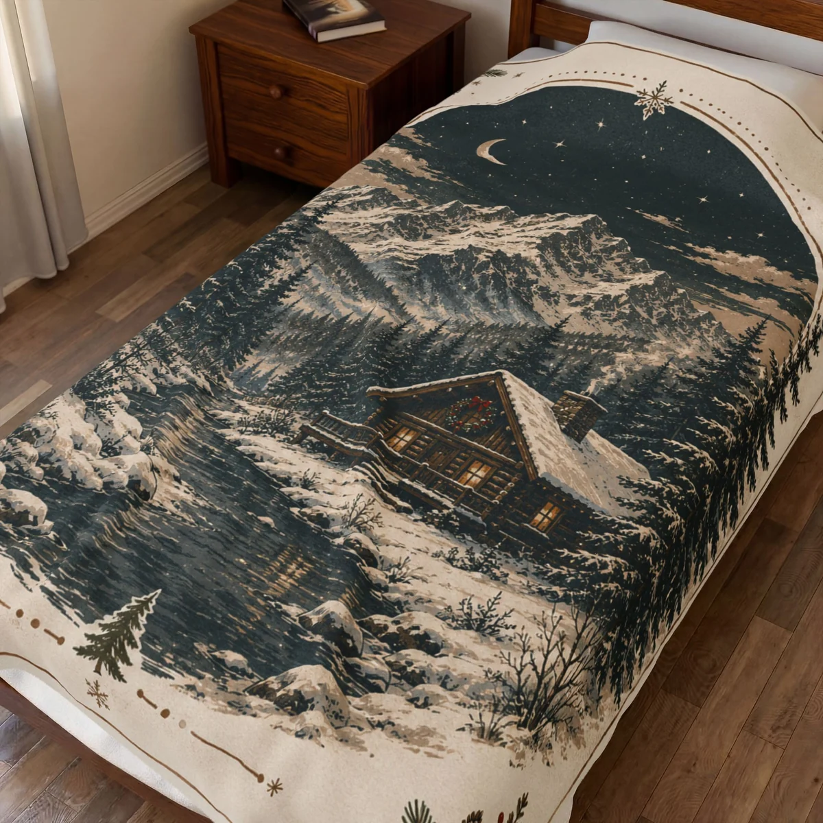 Snowy cabin blanket in a warm interior
